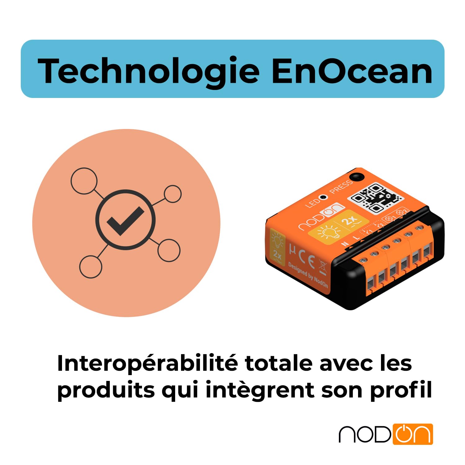 NodOn - EnOcean - Module Interrupteur sans Fil Éclairage on/Off pour Maison Connectée - 2 Canaux, 2x5A - Va et Vient sans Fil et sans Travaux - Compatible Home Assistant Jeedom, eedomus, MyUbiwizz
