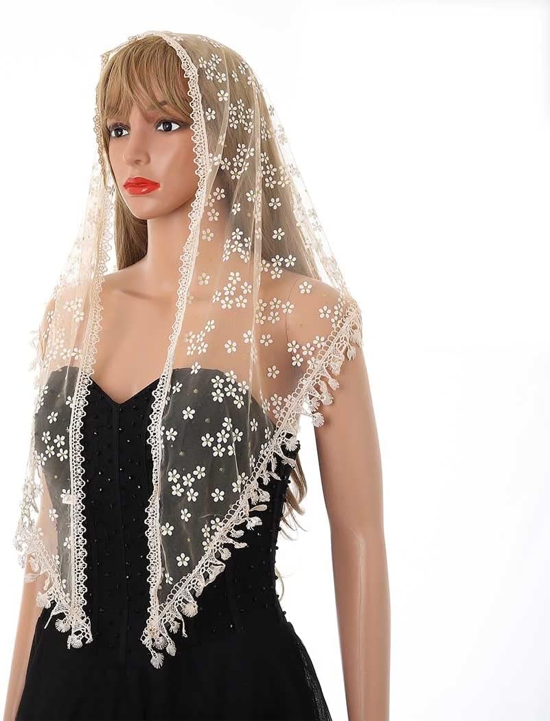 Floral Church Veils Lace Wedding Scarf Chapel Tassel Mass Tulle Head Covering Bridal Mantilla Veil for Women - Image 3