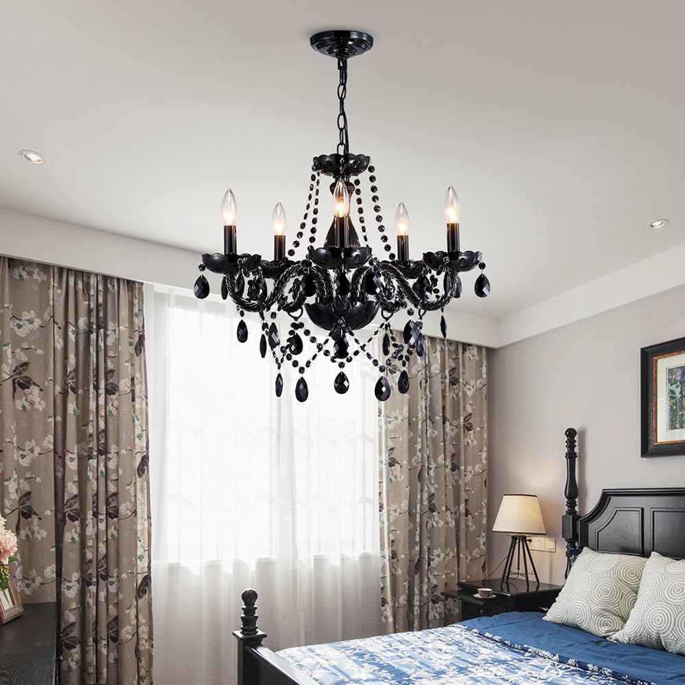 Saint Mossi Modern K9 lampadario di cristallo, lampadario nero con cinque lampade, lampadario di soffitto appeso per sala da pranzo, camera da letto, soggiorno, H48cm x W48cm con catena regolabile