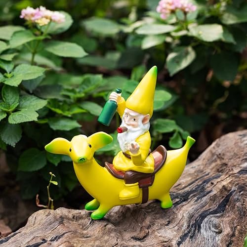 Miniatura 4 de WELLMILLER Estatua de gnomo de jardín, divertida escultura de gnomo para montar un perro de plátano para interiores y exteriores, escultura de gnomo