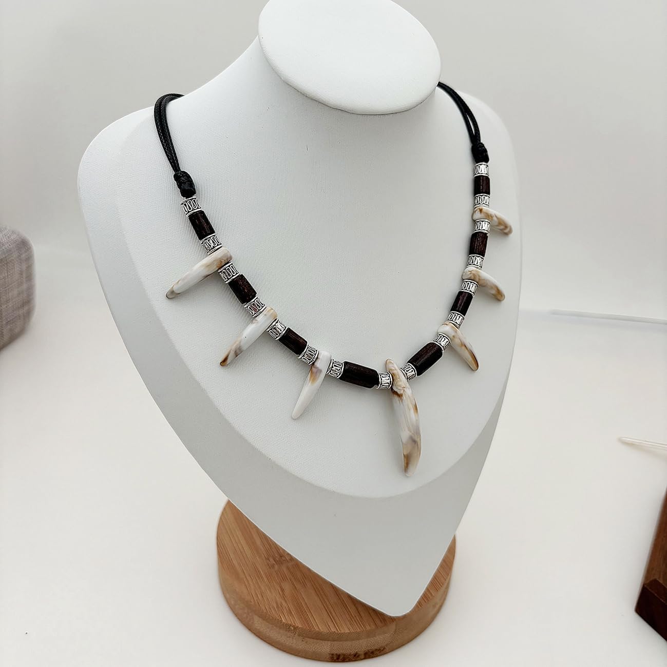 Wolf Wood Beads Tooth Necklace for Men Women Tribal Caveman Adjustable Resin Tooth Pendant Necklace - Image 6