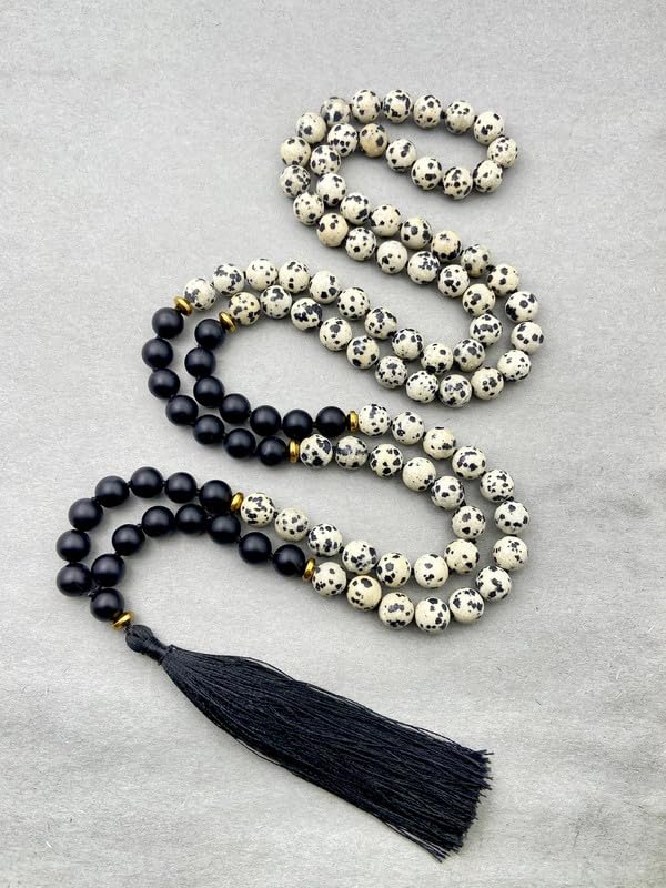 Mala 108 perles de lave et jaspe 8mm avec pompon de guérison