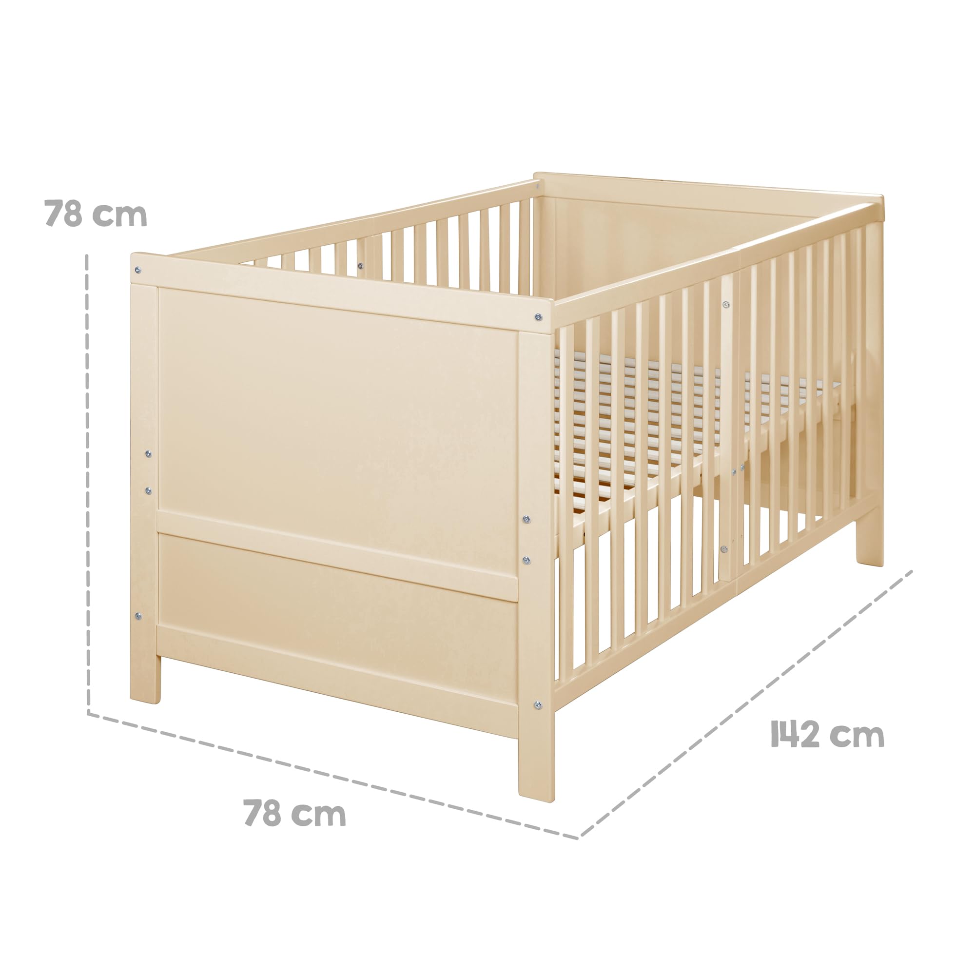 roba łóżeczko dziecięce EASY SLEEP 70 x 140 cm w zestawie z elementami do przebudowy - rosnące łóżeczko ze szczebelkami, 3-stopniowa regulacja wysokości - 3 wyjmowane szczebelki - drewno naturalne