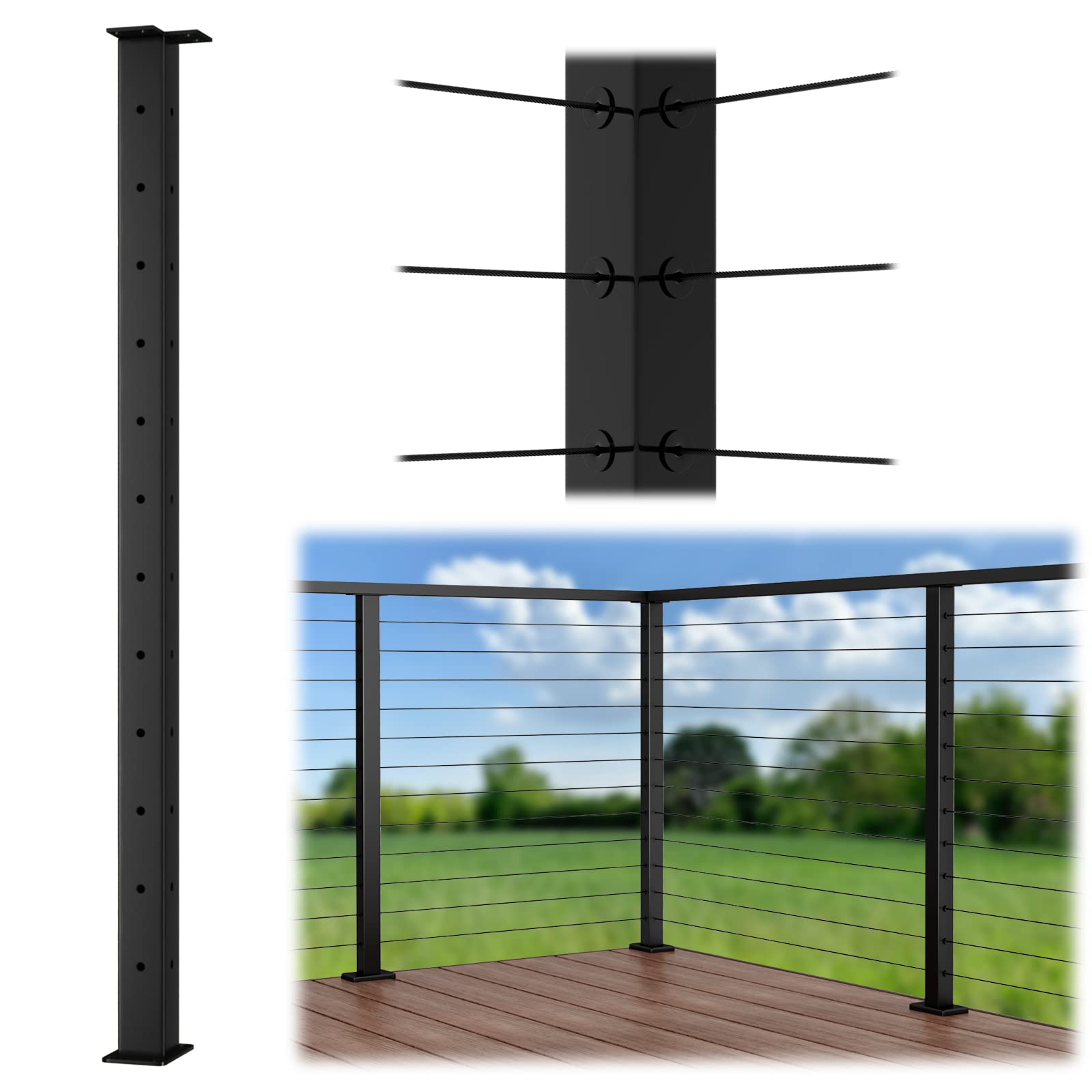 Muzata Cable Railing Post Corner Post Square Weldless Flat top 42"x2"x2