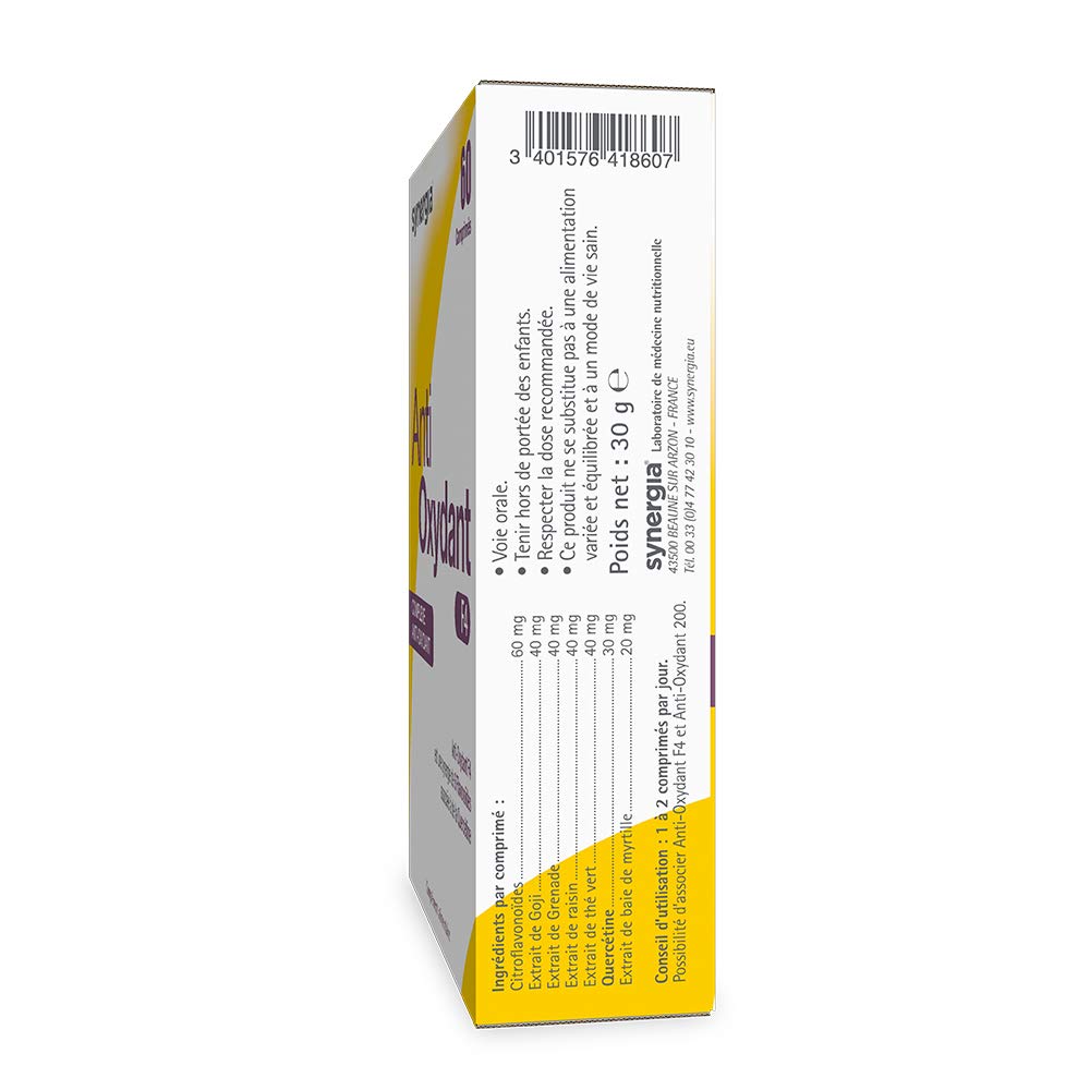 ANTIOXYDANT F4 60 Comprimés | Complexe Anti-Âge Naturel, à Base d’Ingrédients Naturels Concentrés | Citroflavonoïdes, Goji, Grenade, Raisin, Thé Vert, Myrtille et Quercétine | LABORATOIRE SYNERGIA