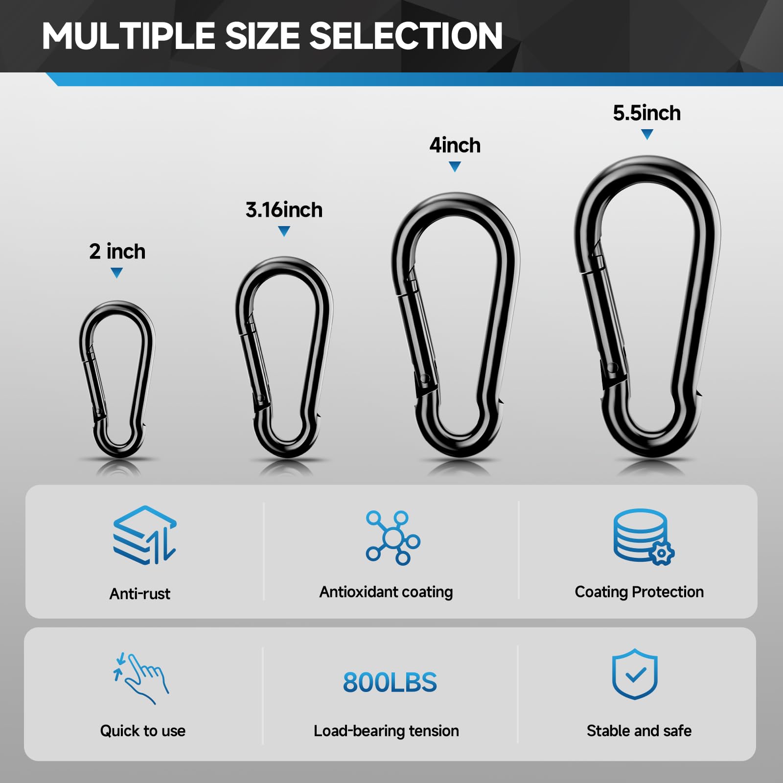 4 ganchos de resorte, clip de mosquetón de 4 pulgadas, conector de cuerda resistente de 800 libras, mosquetones grandes para interiores y exteriores, hamaca, columpio, camping, roca, escalada, pesca,