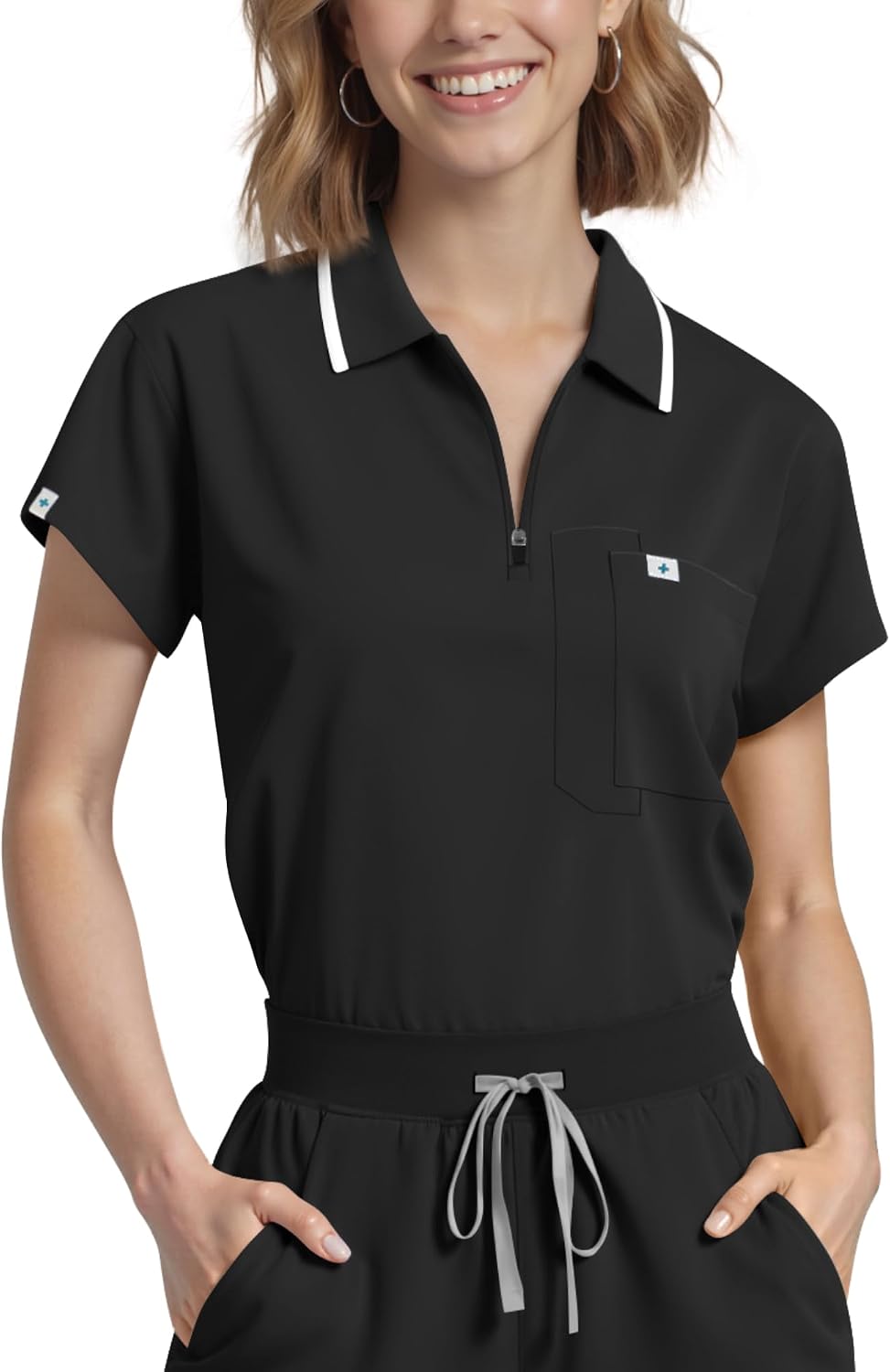 Scrub Tops for Women, Medical Short Length Zip-Front Polo Scrub Top | Cute Youthful Style, Chest Pocket, Pen Slot, Side Vents. For Nurses, Clinics, Long Shifts, Daily Medical Tops