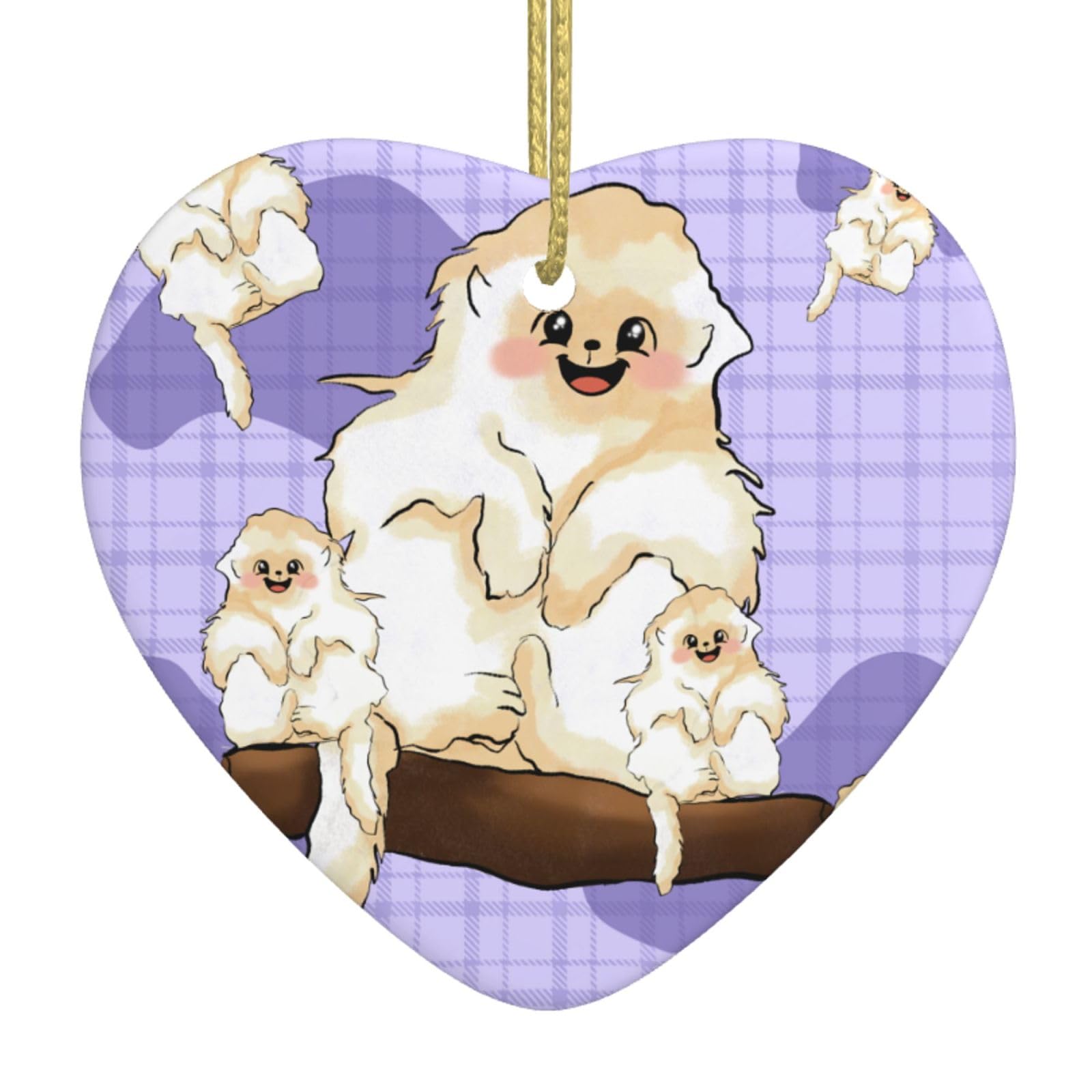 Cute Golden Monkey Ceramic Christmas Heart Pendant with Silk Thread, Christmas Tree Home Decoration
