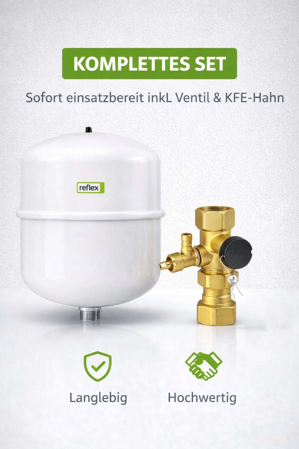 Reflex N 25 Membran-Druckausdehnungsgefäß 25 l, grau + Kappenventil 4 bar 3/4"×3/4" Messing mit KFE-Hahn – für geschlossene Heiz-/Kühlwassersysteme, DIN EN 13831, PED 2014/68/EU