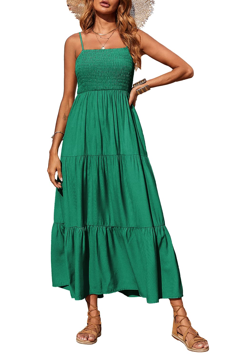 PRETTYGARDEN Women's Summer Maxi Dress Casual Boho Sleeveless Spaghetti Strap Smocked Tiered Long Beach Sun Dresses