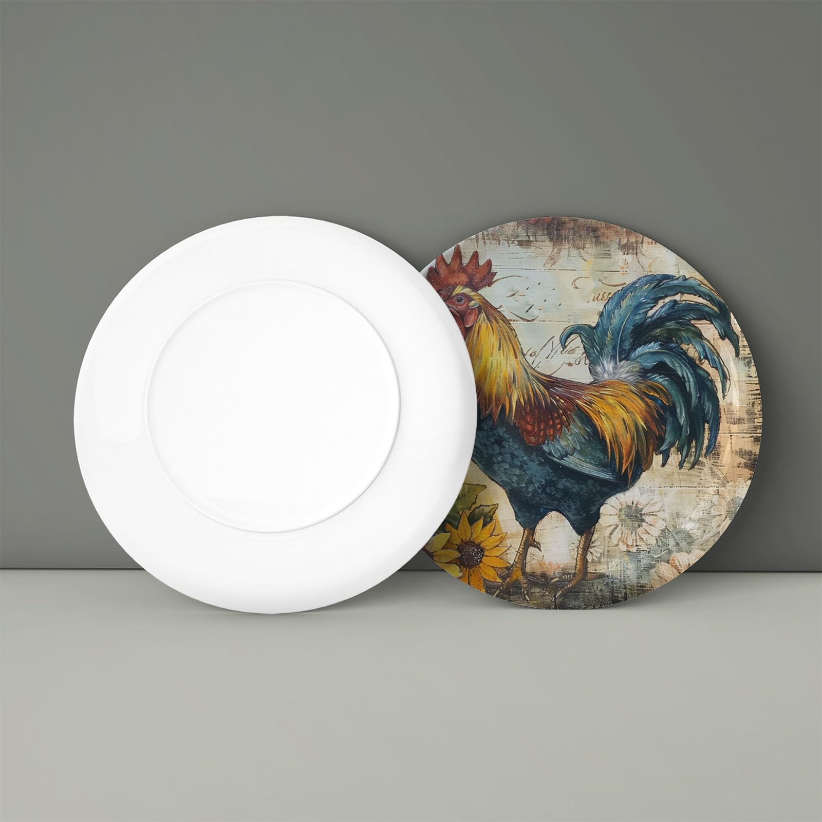 Oksinity Farmhouse Sunflower Rooster Decorative Plate Wall Hanging Abstract Paint Ornament Display Plate for Living Room, Bedroom, Hallway Console Side Table Decor - 8 Inches