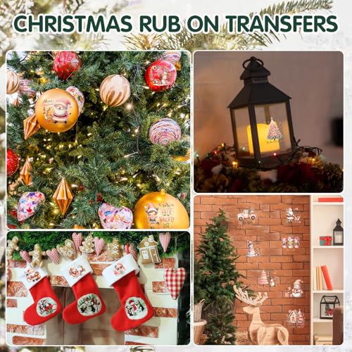 Image of ZMRU 24 Sheets Vintage Christmas Rub On Transfers for Crafts, Rub On Transfers Christmas for Wood,Furniture Decals, Glass, Porcelain, Leather, Canvas, Fabric Projects,3 * 3inch