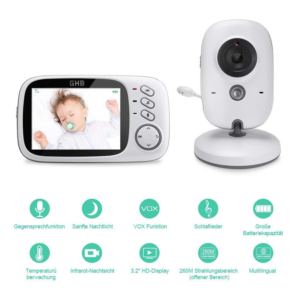 GHB Elektroniczna niania z kamerą do monitorowania niemowląt, LCD 3,2″, noktowizor, tryb VOX, funkcja interkomu i kołysanki, do wewnątrz