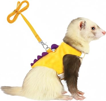 Ferret Harness and Leash Set Small Animals Vest Harness with Safe Bell Dinosaur Shaped Leash Set for Baby Rabbit Guinea Pig Teacup Chihuahua Mouse and Other Small Pet Yellow