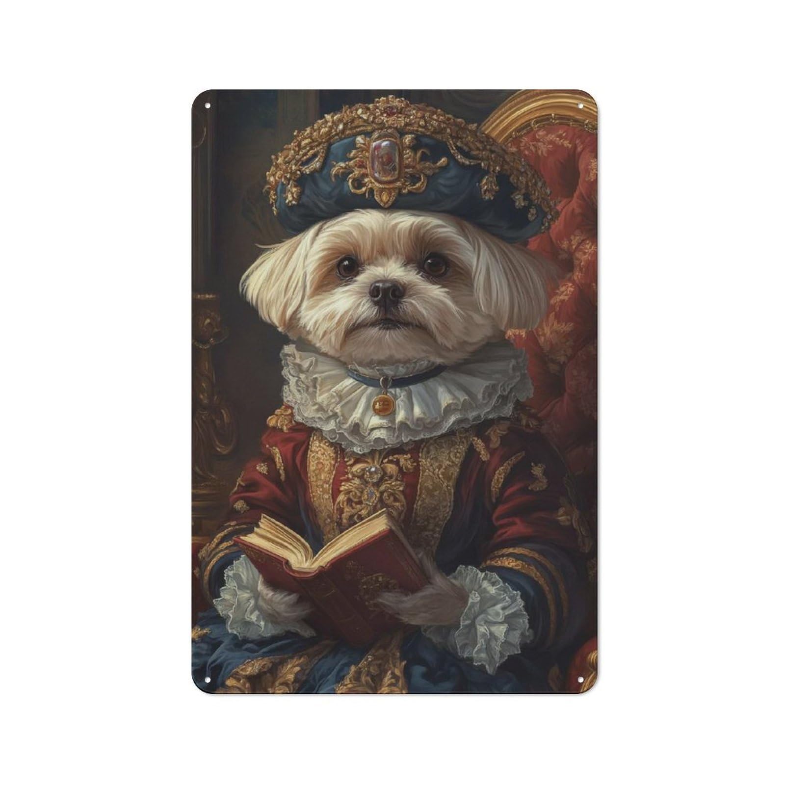 Junmoney Renaissance-Inspired Maltese Dog Print Dog I N Royal Attire Retro Tin Wall Plaque 30X20cm For Home Office Or Studio, Wall Decoration For Home Offices And Studios