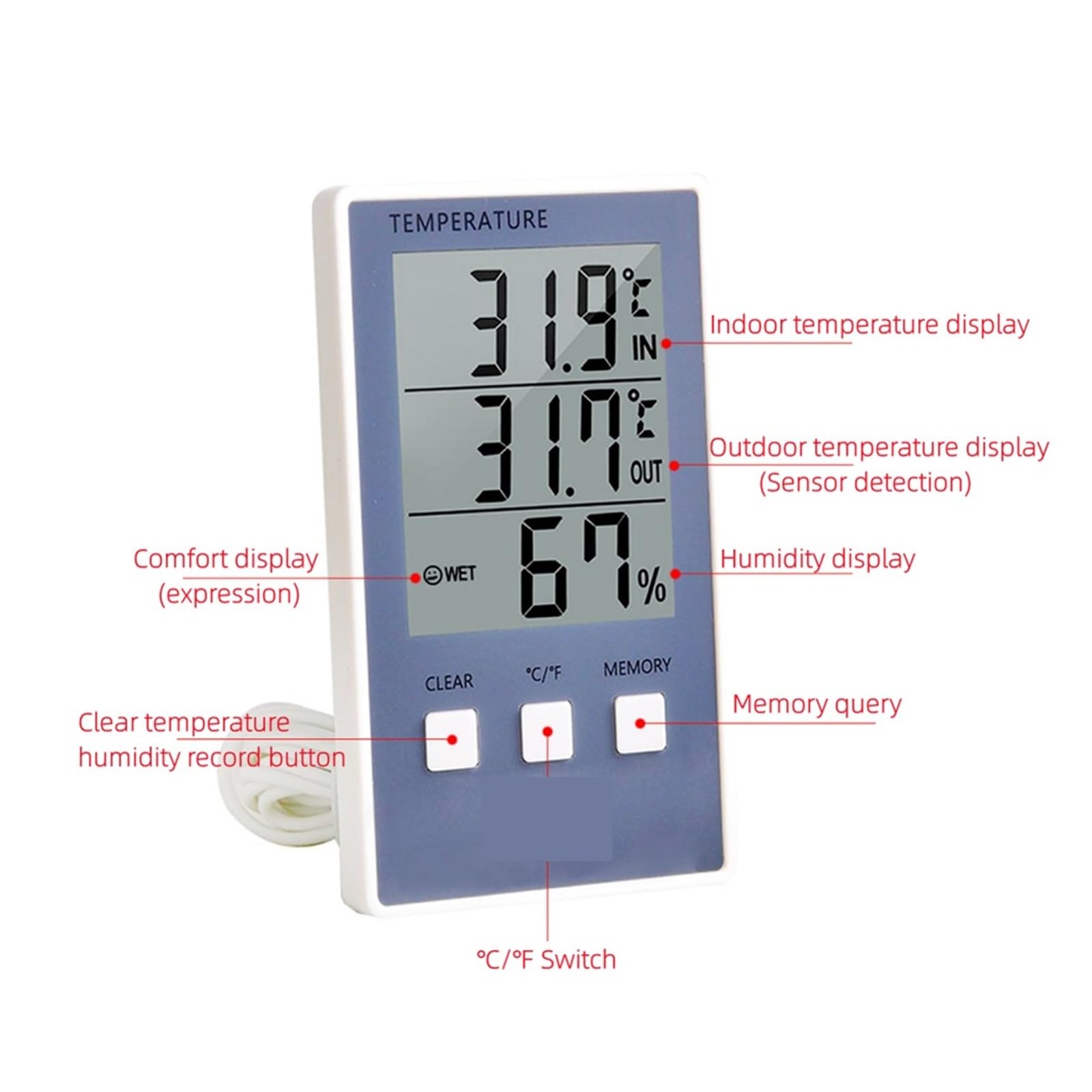 Termoigrometro Termometro Digitale Igrometro Misuratore di umidità della Temperatura Interna ed Esterna C/F Display LCD Sensore sonda Stazione meteorologica