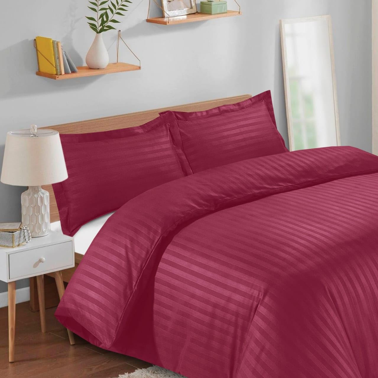 Casabella Satin Stripe Duvet Cover Sets, Luxurious Single Burgandy Bedding with Satin Stripes - Image 3