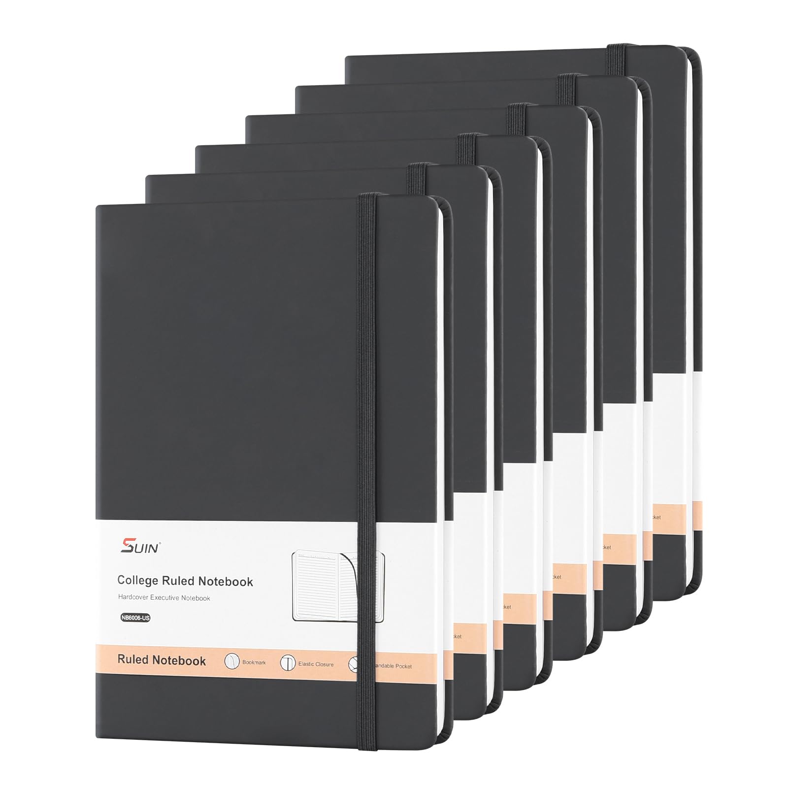 SUIN Hardcover-Journal-Notebooks, A5 Lined Journals Notebook for Writing 200 Pages, 8.2 x 5.5 inch, Classic Ruled Notebooks for Work/Travel/College (Black - 6 Pack)