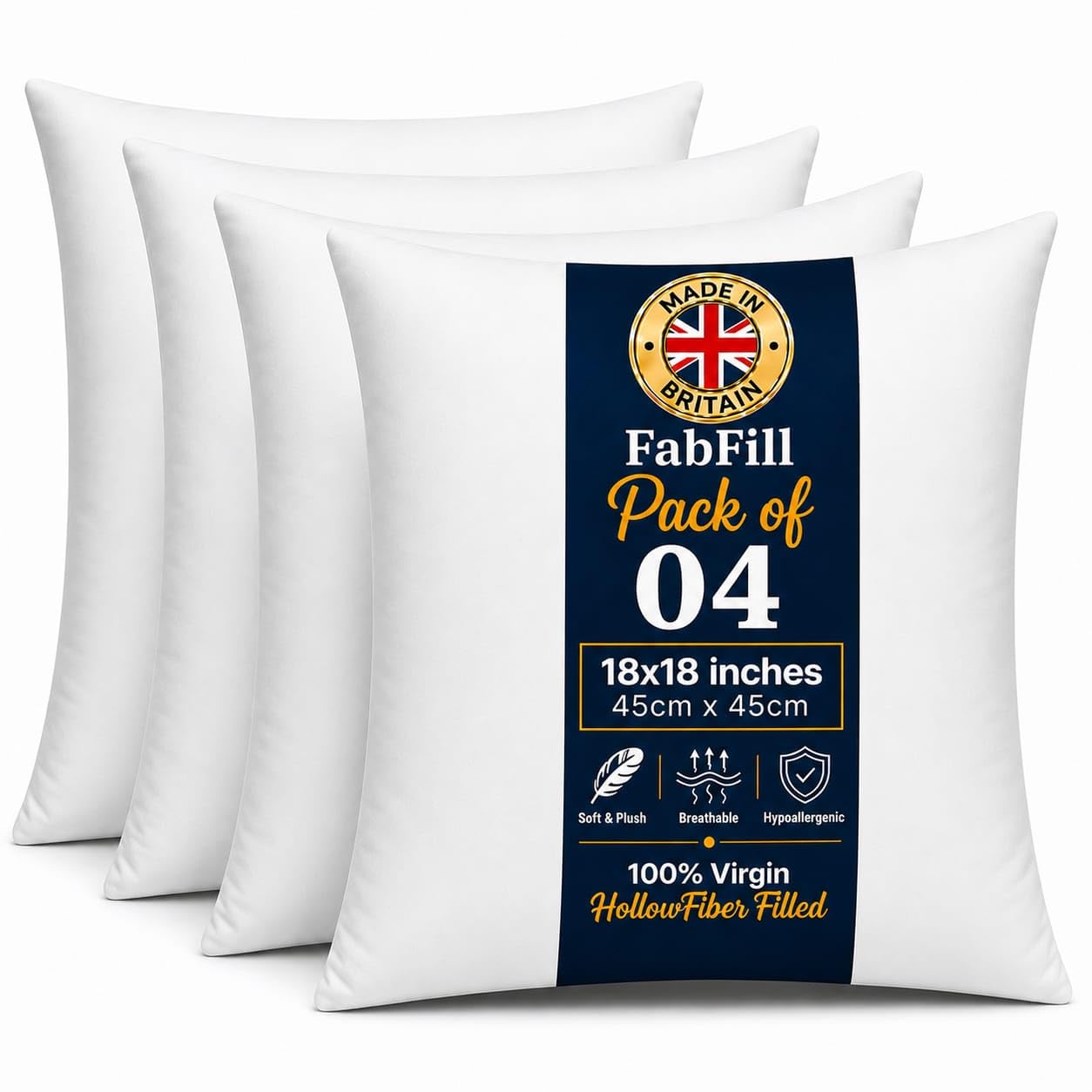 FabFill Cushion Inserts, Luxury Hollow Fibre Cushion Pads, Soft Fluffy Square Pillow Fillings for Sofa, Bedroom & Home Decoration, Made in UK (45x45cm(18x18), Set of 4)