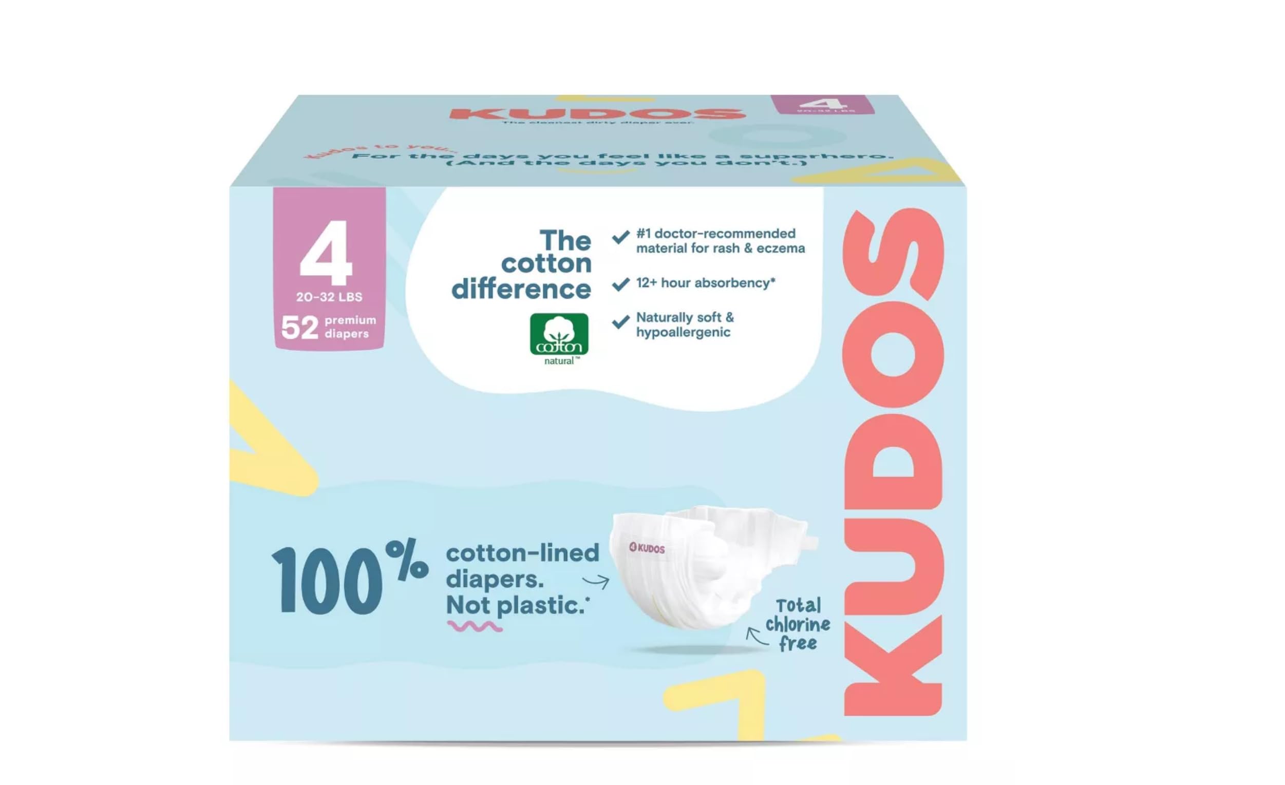 Kudos Size 4 Cotton-Lined Disposable Baby Diapers, (20–32 lbs), 53 Count Ultra Absorbent…