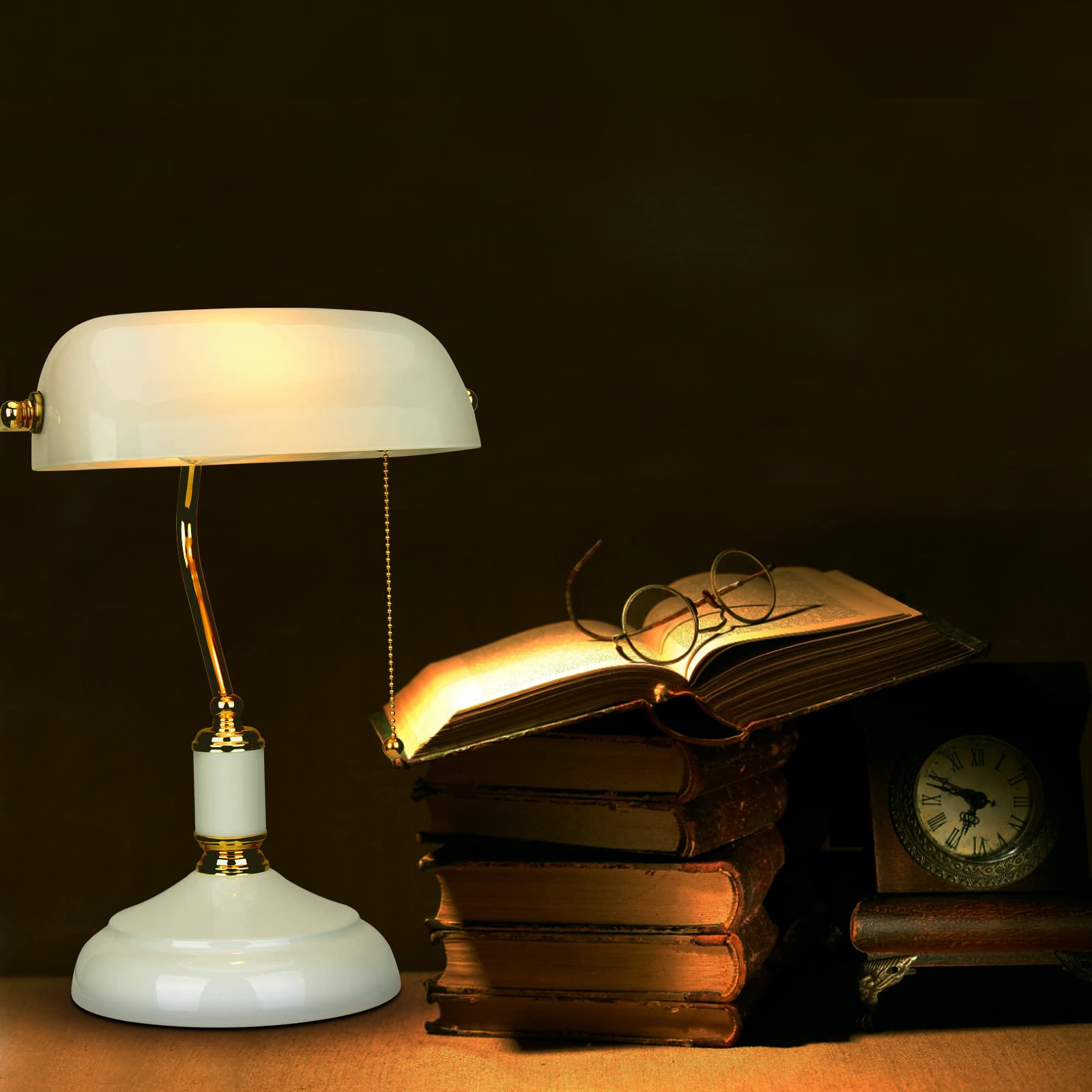 Lampada da banchiere dorata, lampada da tavolo con paralume in vetro, interruttore a catena, per ufficio, biblioteca, studio, camera da letto