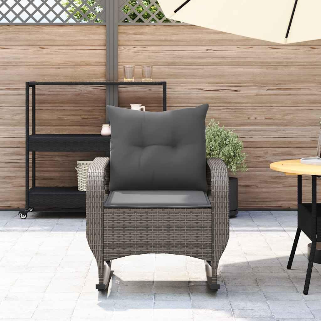 Sedia a dondolo da giardino con cuscini in rattan sintetico grigio sedie giardino esterno antiscivolo, facile da montare, mobili resistenti, grigio