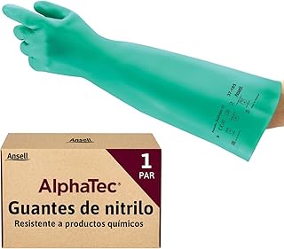 Ansell AlphaTec 37-185 Guantes Nitrilo Impermeables, Guantes Trabajo Multiuso, Limpieza, Cocina, Químicos, Seguridad Hogar, Sin Latex y Reutilizable, Guantes Hombre Mujer, Verde, Talla M (1 Par)