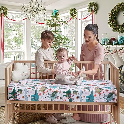 Image of JISEN Baby Crib Sheet 1 Piece Portable Fitted Crib Sheet for Standard Crib and Toddler Mattresses Nursery Bed Decor for Boys Girls 28x52 Christmas Dinosaurs