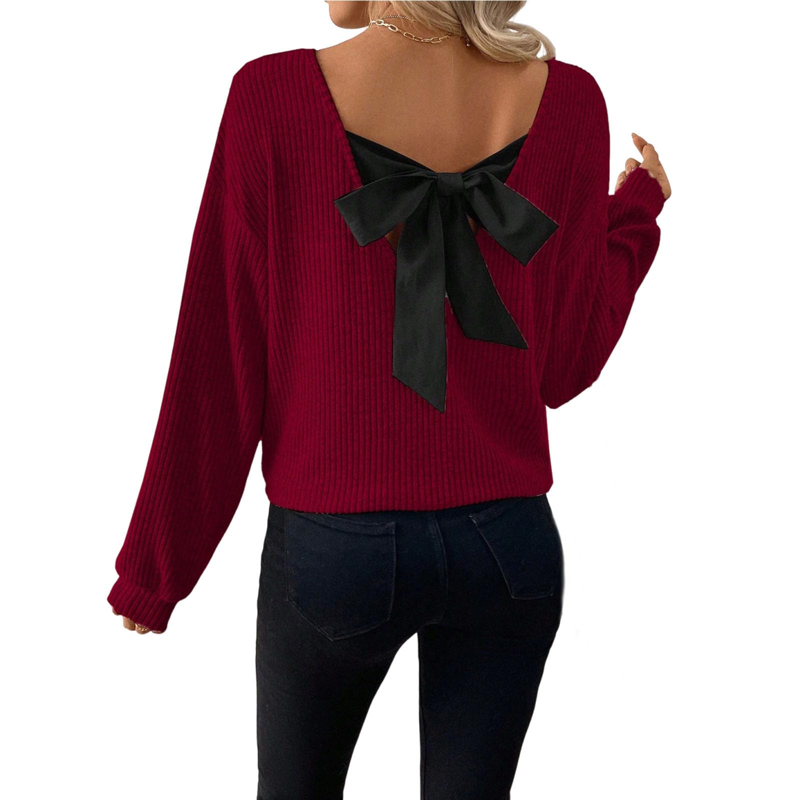 Women Loose Fit V Neck Long Sleeve Open Back Bow Knot Sweater Fall Ribbed Knit Backless Tie Pullover