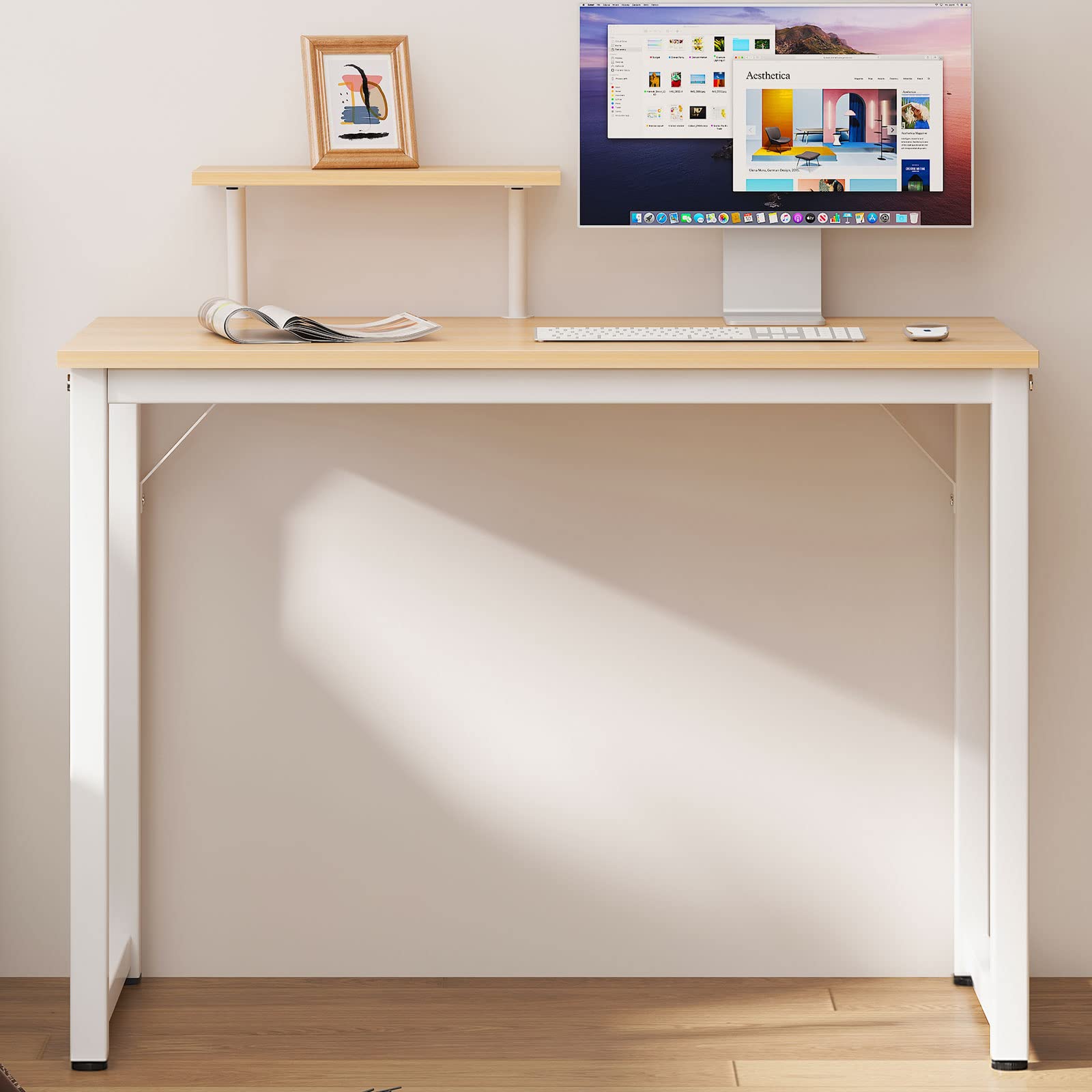 SDHYL Table Bureau Informatique 100x50cm Industriel Bureau Informatique d'Ordinateur Simple avec Un Support/Plateau Table d'étude/d'écriture pour Maison/Bureau Érable/Blanc