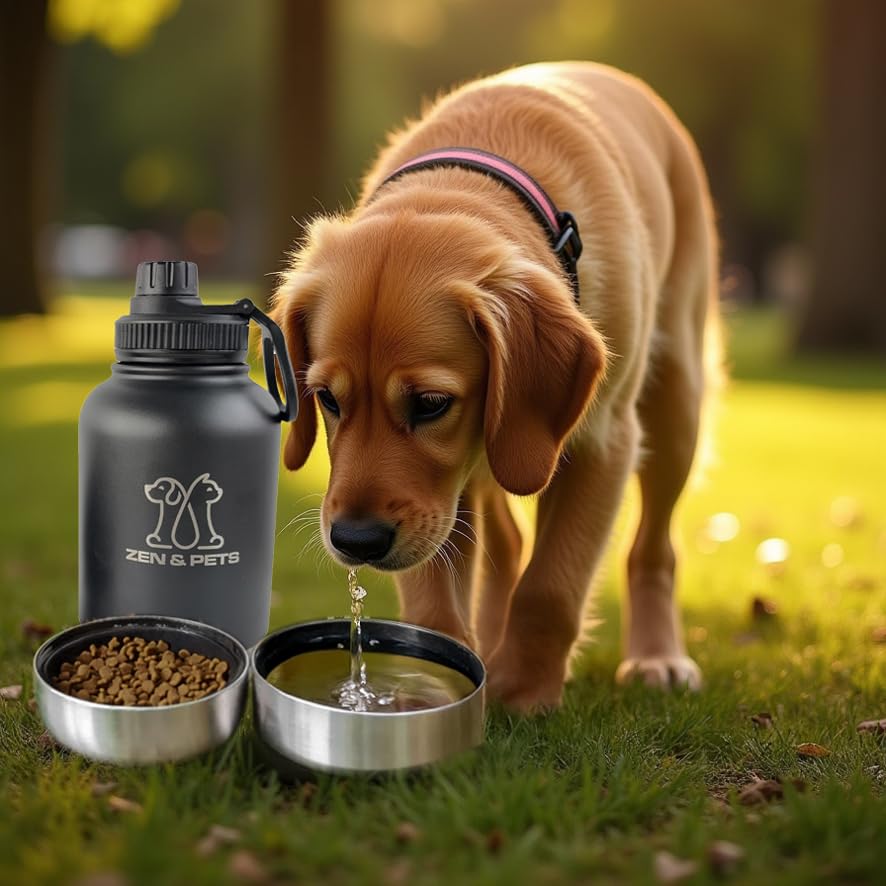Gourde Chien Chat pour balades Vacances, Bouteille d'eau Chiens et Chats Voyage, Isotherme Acier Noir, gamelle pour Aliments, 3 Compartiments