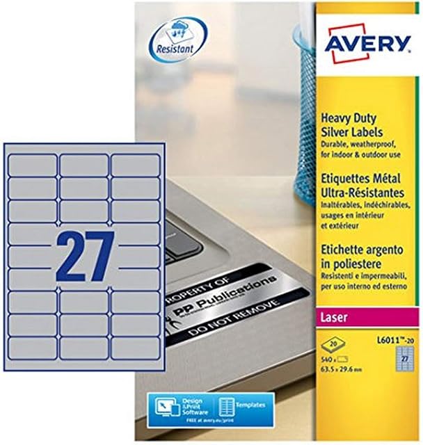 Avery L6011-20 ( 63.5 x 29.6mm) Extra-Strong Adhesive Silver Heavy Duty Labels, 27 Labels Per A4 Sheet