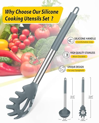 Miniatura 2 de Juego de cuchara de silicona para tenedor y cucharón, utensilios de cocina antiadherentes grandes para cocinar, agitar, servir espaguetis, sopa,