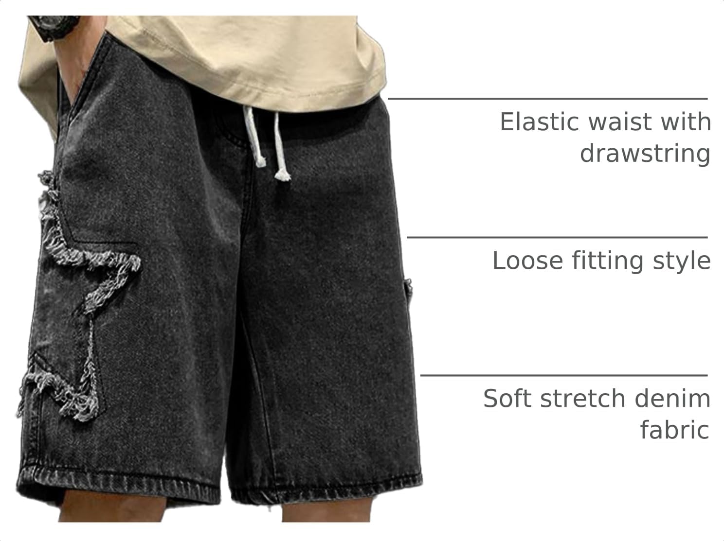 Teen Boys Embroidered Star Jean Shorts Y2K Elastic Waist Baggy Jorts