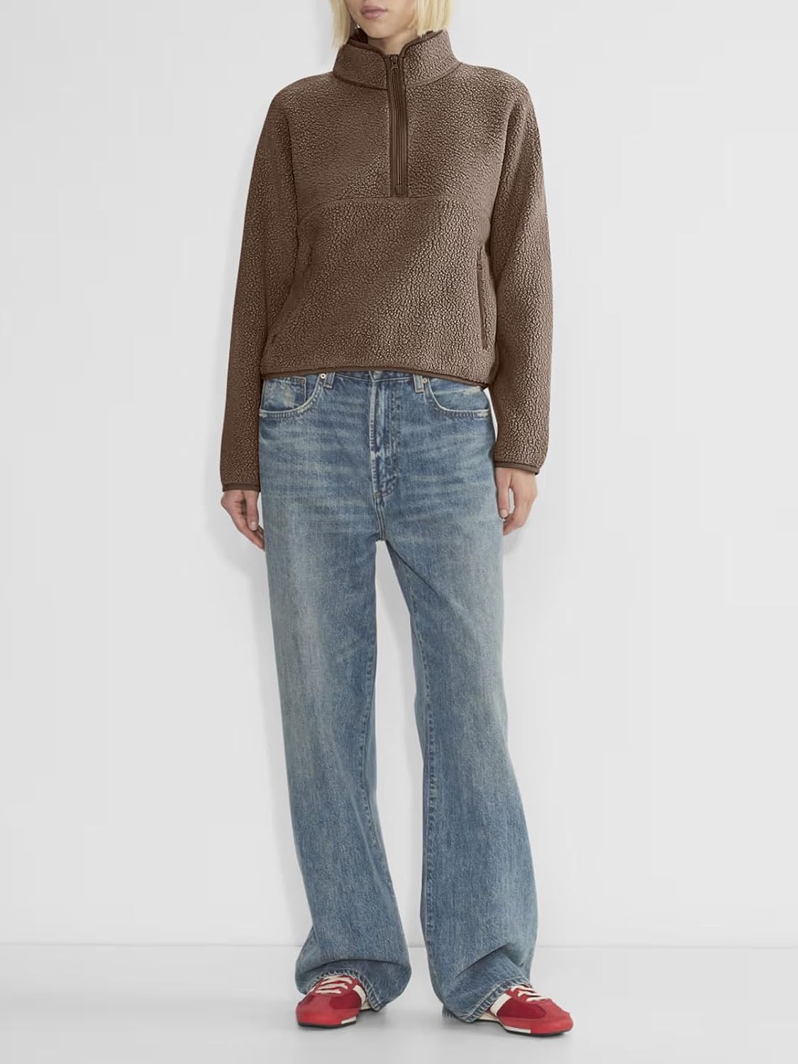 LASLULU Womens Half Quarter Zip Pullover Sherpa Jacket Fleece Faux Fur Teddy Cropped Jackets Sweatshirt Fuzzy Sweaters 2025 Warm Fall Winter Jackets Outfits Clothes (Gravel,Medium) - Image 3