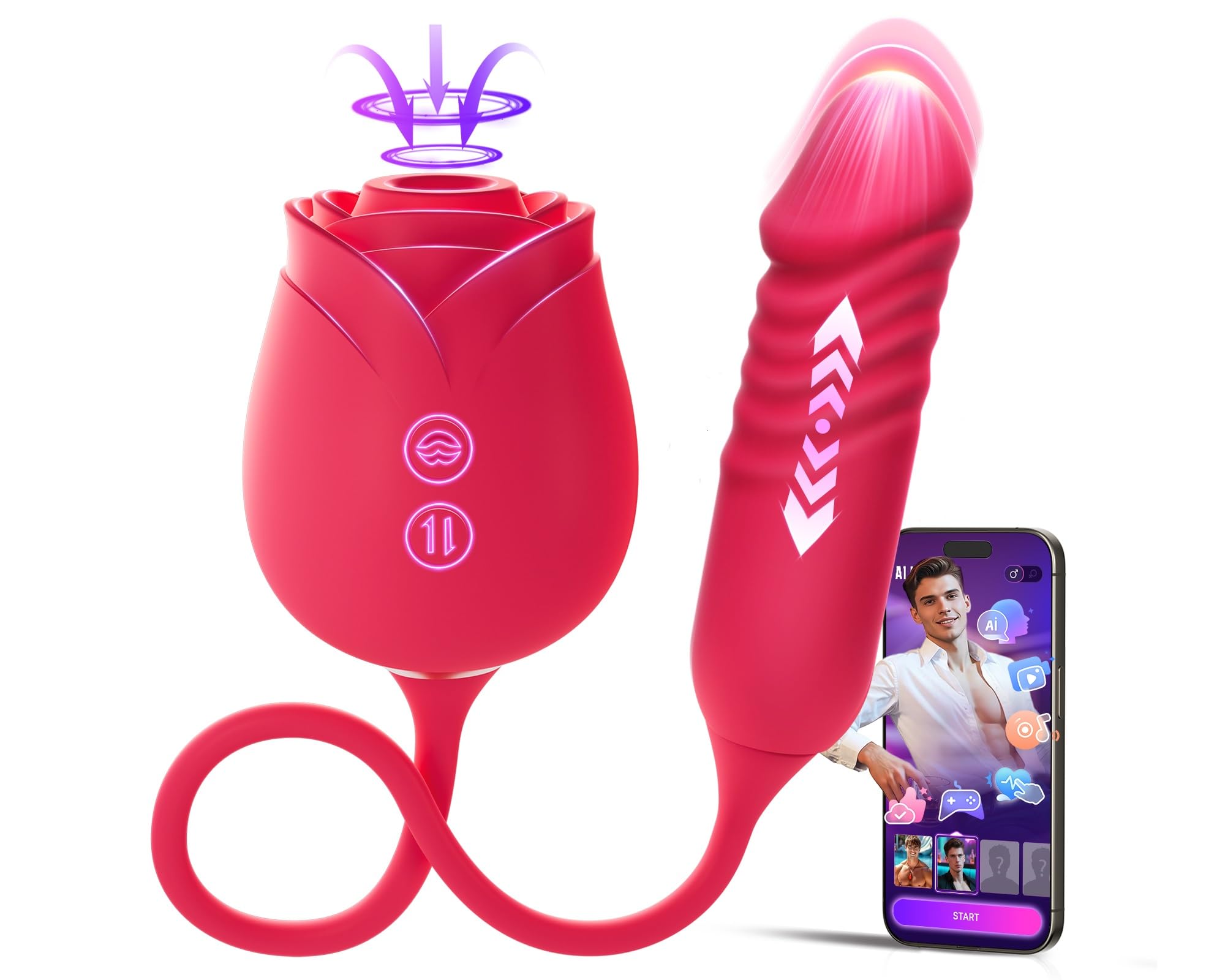 MOOLIGIRL Rose Toy Women Sex Toys, Sucking Vibrator &amp; Thrusting Didlo with 10 Vibration Modes, APP Control Clitoral, Nipple Sucker &amp; Anal, G-Spot Stimulator, Adult Toy with AI Lover for Solo &amp; Couples