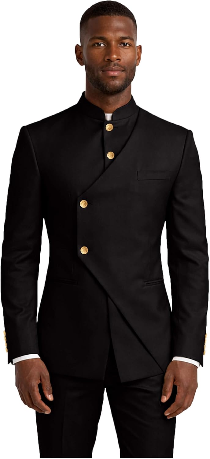 Men's Mandarin Collar Suit Jacket - Slim Fit Double Breasted Blazer with Gold Button, Formal Wedding & Party Wear