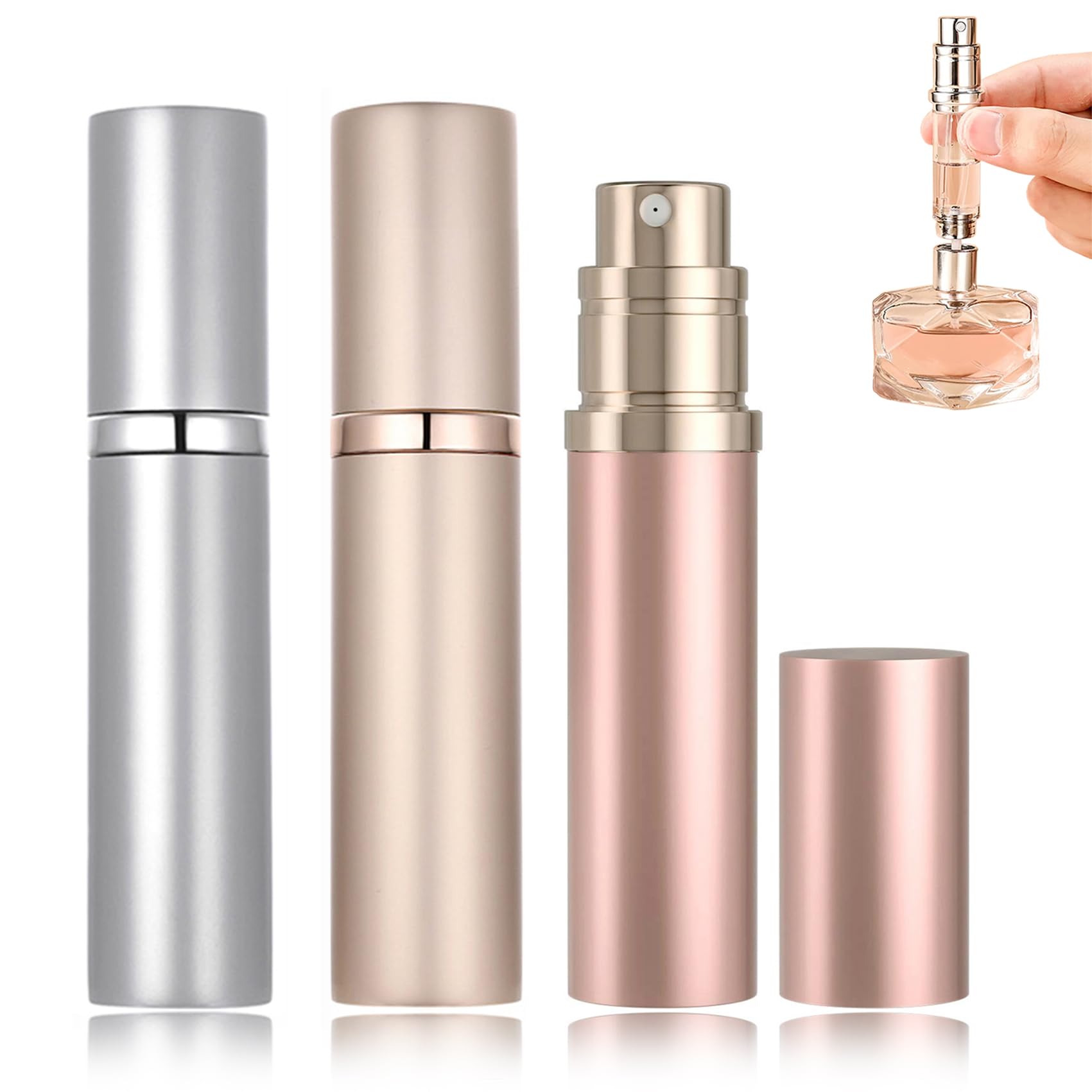 POTWPOT Atomizer - 3 Pack Leakproof Perfume Spray Bottles Refillable for Purse, Pocket or Luggage (Golden & Pink & Silver)