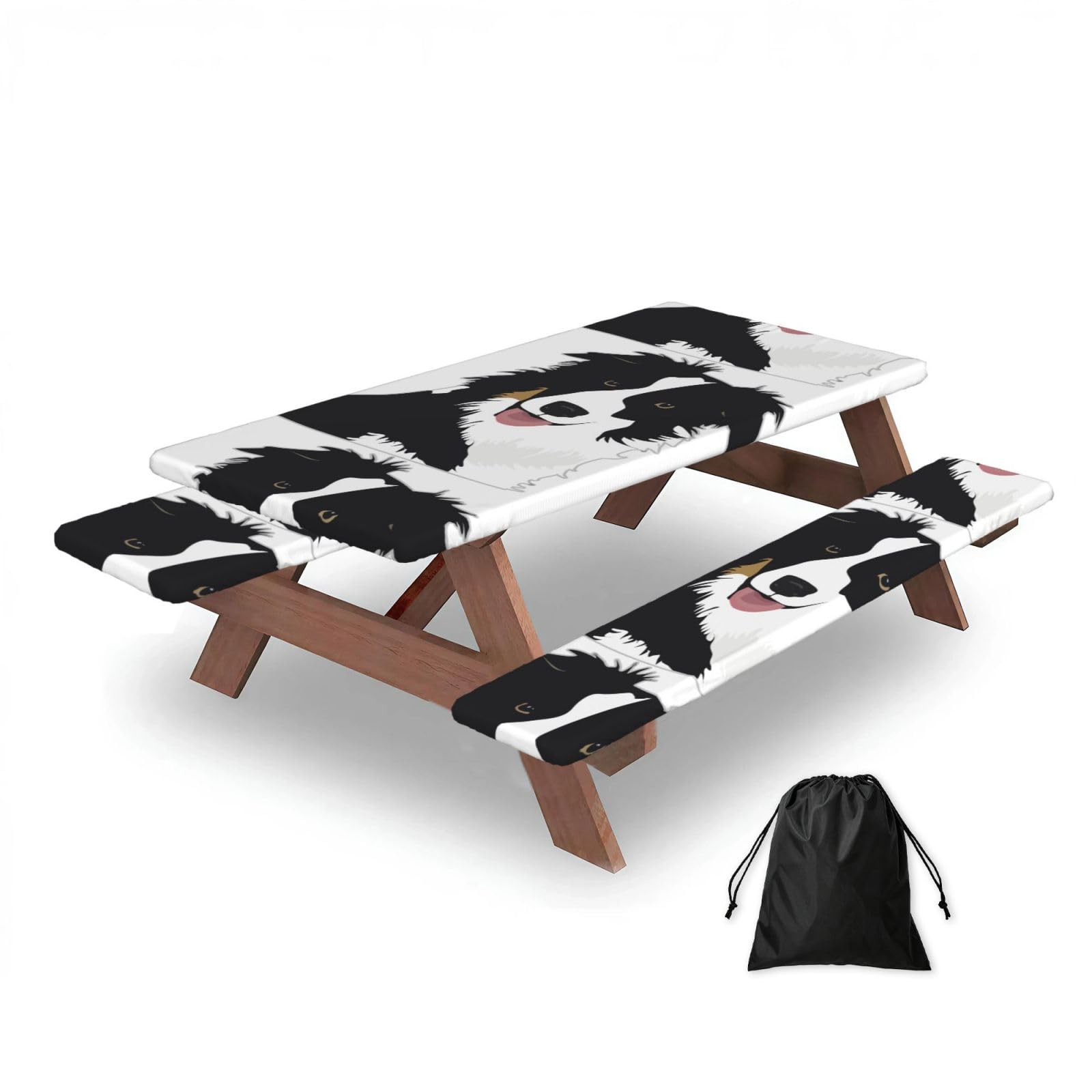 Dopklna As Picture Border Collie Dog, Picnic Table Cover With Bench Covers -Waterproof Elastic Fitted Tablecloth For Garden Camping Patio 76X152cm