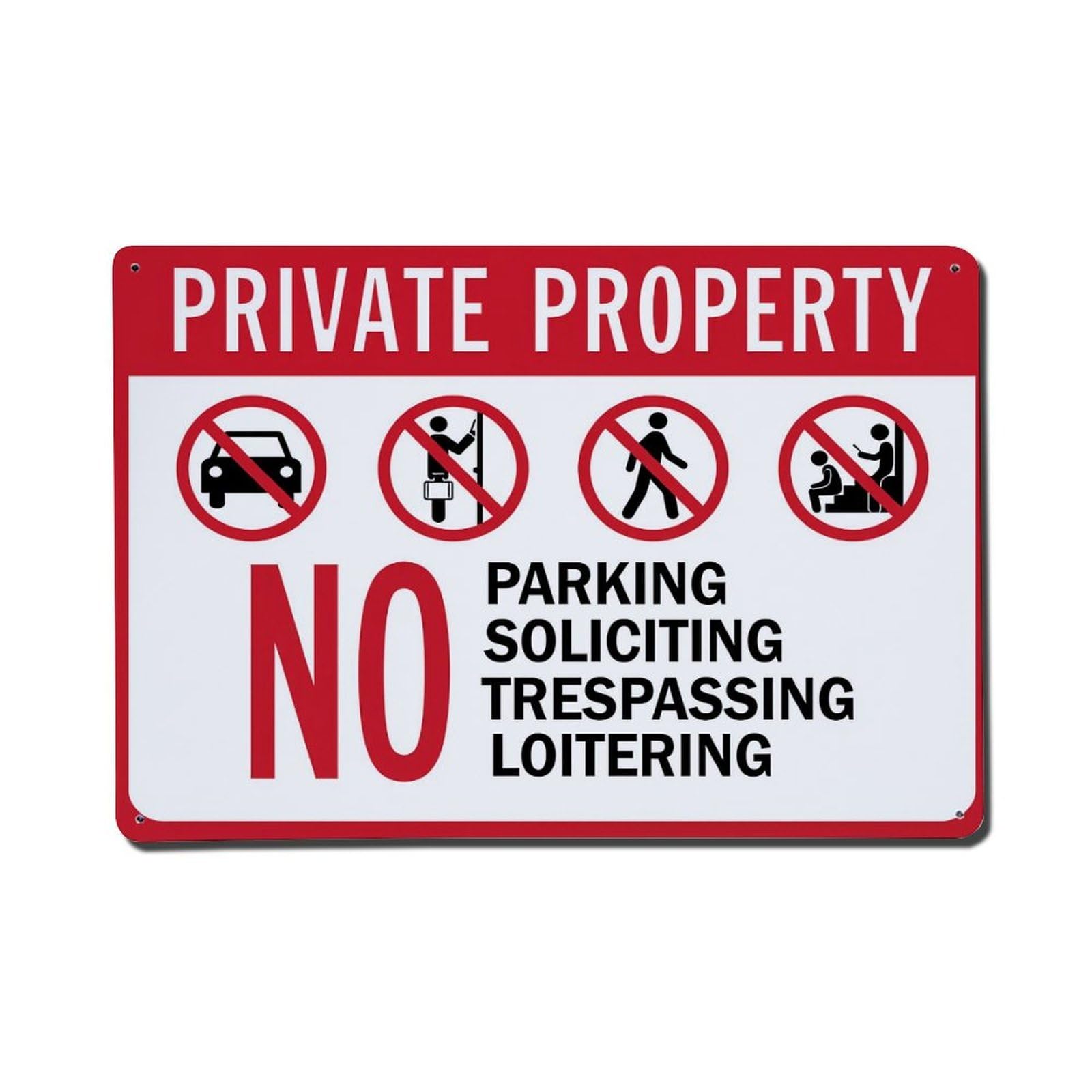 Private Property No Parking Soliciting Trespassing Loitering Retro Metal Tin Sign, Vintage Metal Poster for Home, Gaming Room, Studio Workshop,Bar,Garage Wall Art Decor 8x12 Inch