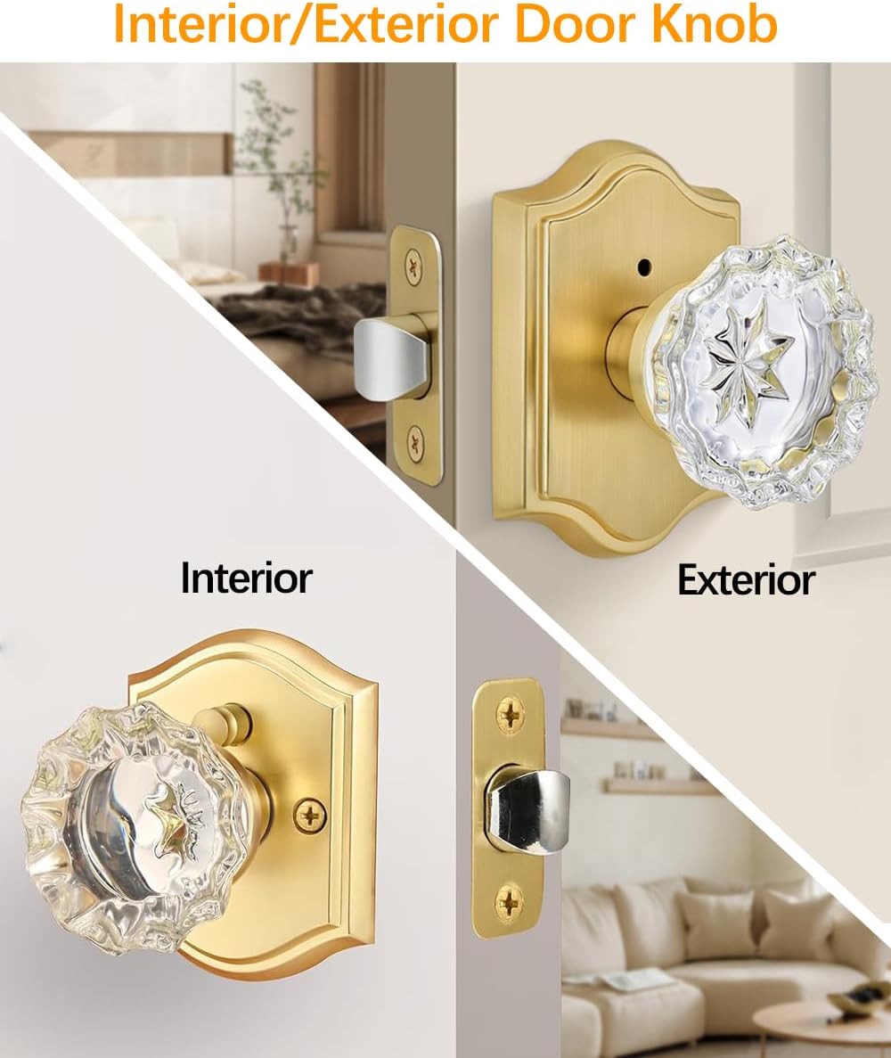 Crystal Door Knobs, Gold Interior Crystal Glass Door Lever for Privacy/Passage/Dummy Doors (Fits 35-55mm Steel & Wooden Doors)-2 Pack