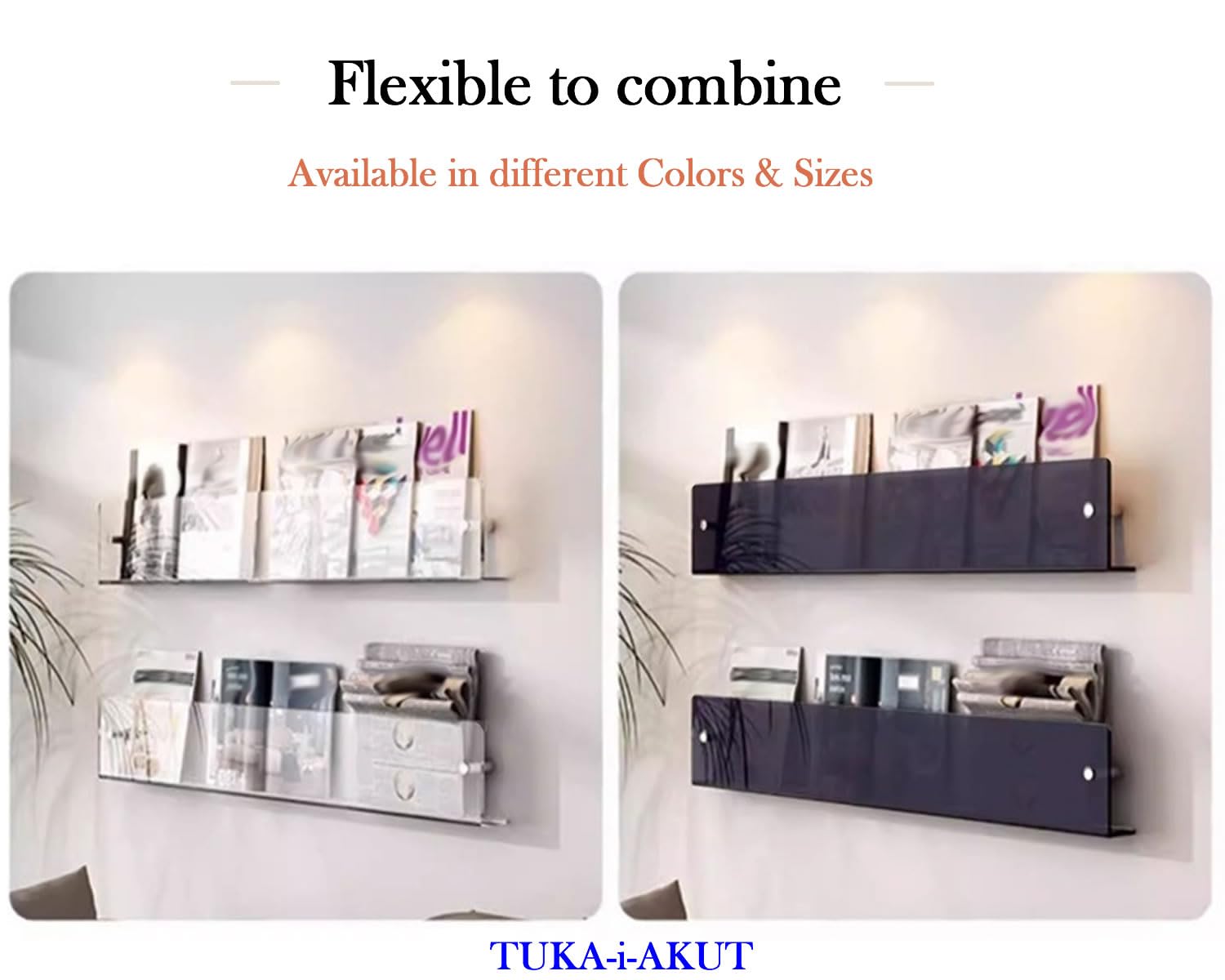 TUKA-i-AKUT 2X 60cm Portariviste da Parete, Acrilico Extra Resistente, Mensole Portabrochure Paret, Scaffale da Paret Riviste Giornali Opuscoli Libri, Supporto da Parete Nero TKD8256-60cm-2x