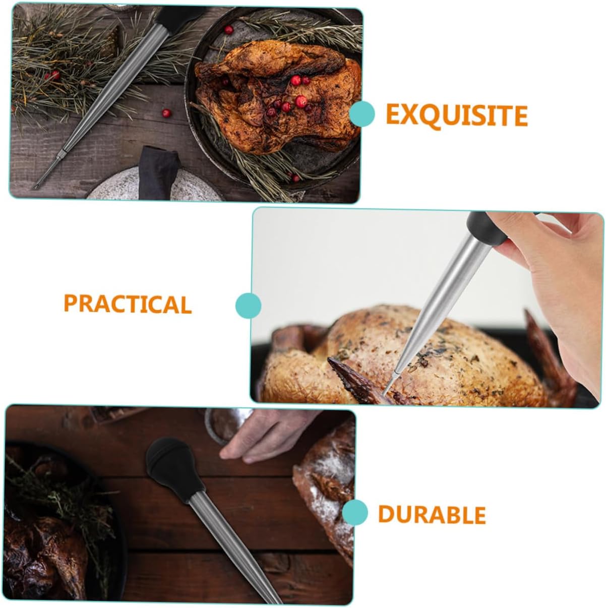 Stainless Steel Turkey Injector with Silicone Bulb for Marinade Injection Use Seasoning Syringe for Bbq Reusable Meat Flavor Enhancer Tool for Steak Chicken Lamb and Poultry