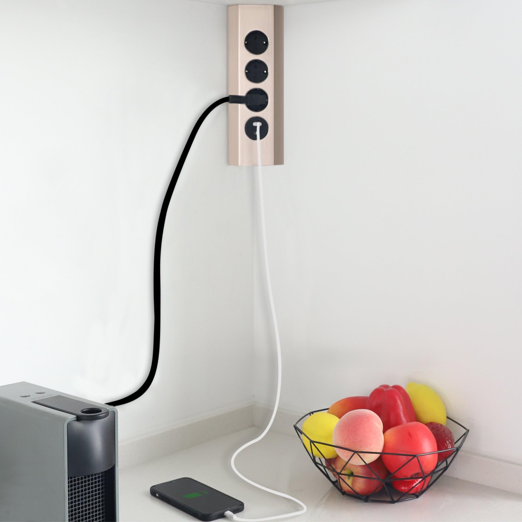 Kalb - Multipresa angolare in acciaio inox, multipresa triangolare per equipaggiare, 3 prese AC 230 V, 1 presa con caricatore USB da 15,5 W, tipo A+C, spina di contatto di protezione UE