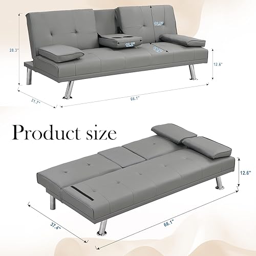Miniatura 7 de GEEVIVO Sofá cama futón, sofá moderno de piel para sala de estar, sofá biplaza plegable, sofá cama extraíble con 2 portavasos con reposabrazos en el