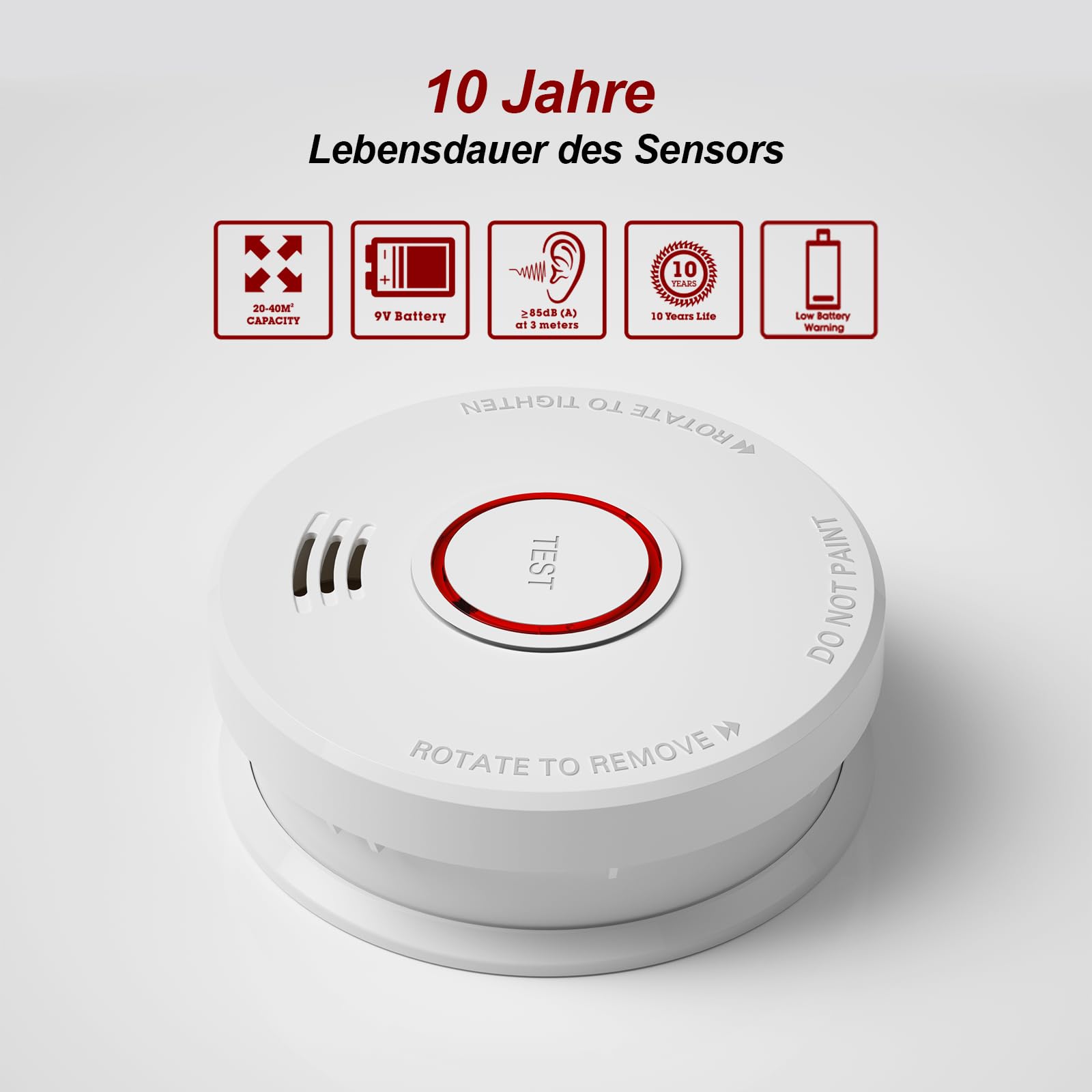 Détecteur de fumée Garantie 10 Ans Alarme Incendie Batterie 9V remplaçable détecteur de fumée avec Certification DIN EN14604 et BSI 4 Cartes