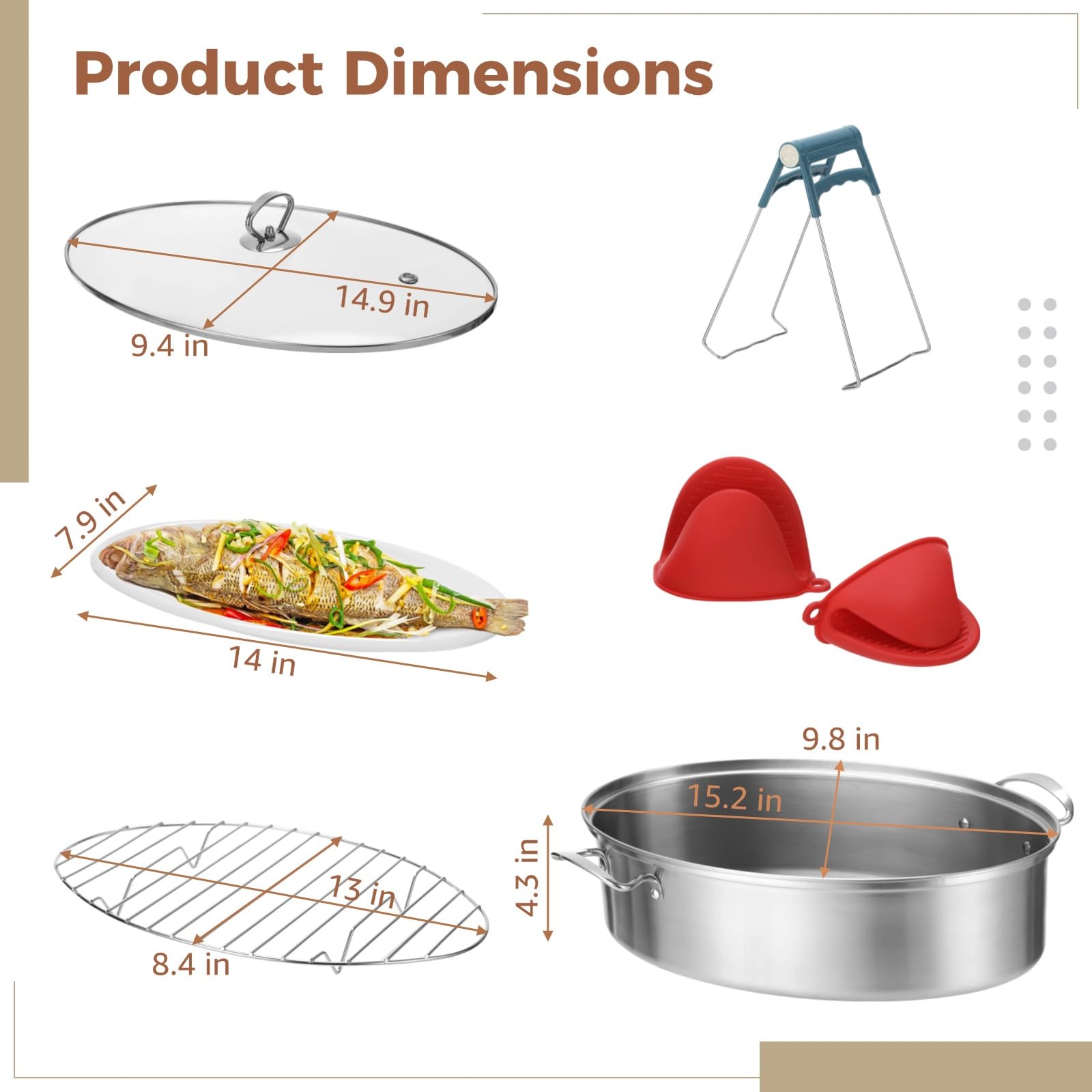 Fisch-Dampfgarer-Set aus Edelstahl, ovaler ganzer Fisch Dampfgarer mit Glasdeckel, Gestell, Keramikpfanne, Futter und Handschuhen, Mehrzweck-Kochgeschirr zum Dämpfen, Kochen