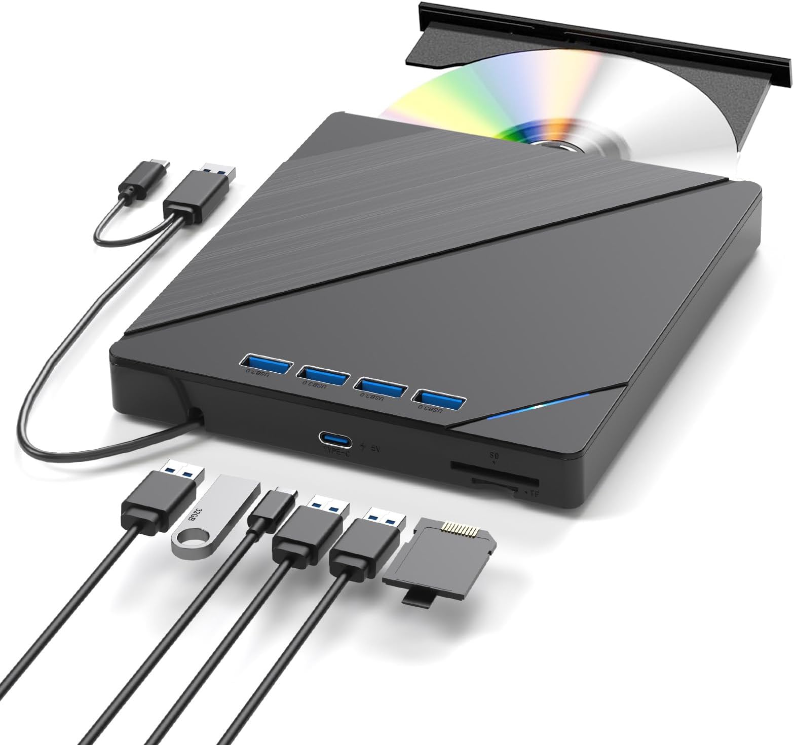 7 in 1External Blu Ray Drive USB 3.0 Type-C, Support 100G BD DVD CD External Blu ray Player, Portable Ultra-Slim Bluray Drive with TF/SD Port, Compatible with Windows XP/7/8/10/11 Mac Laptop Desktop