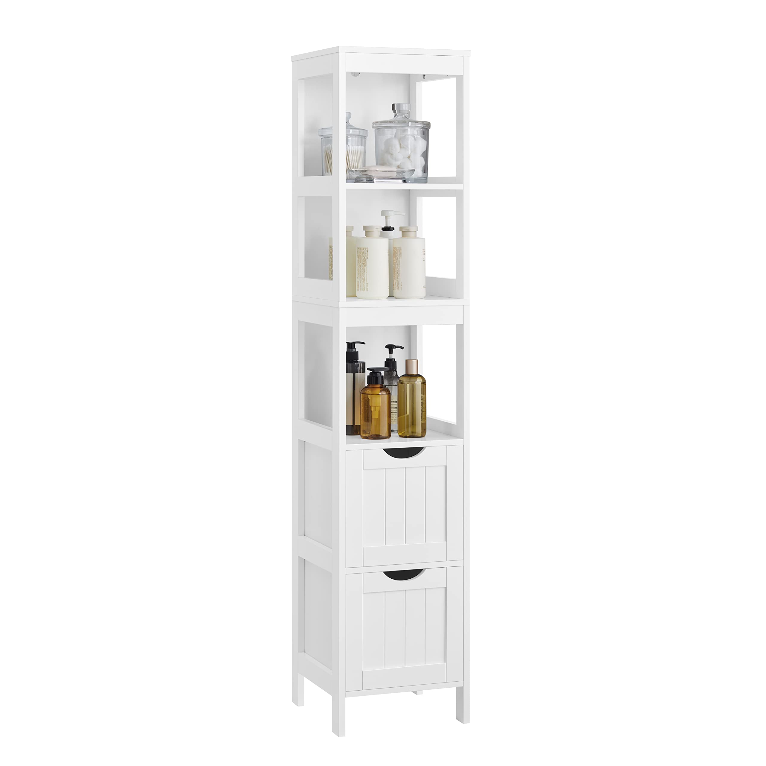 VASAGLE Badezimmerschrank, Schrank freistehend, Badezimmermöbel, mit 2 Schubladen, offenen Fächern, für Badezimmer, Wohnzimmer, Küche, modern, weiß BBC66WT