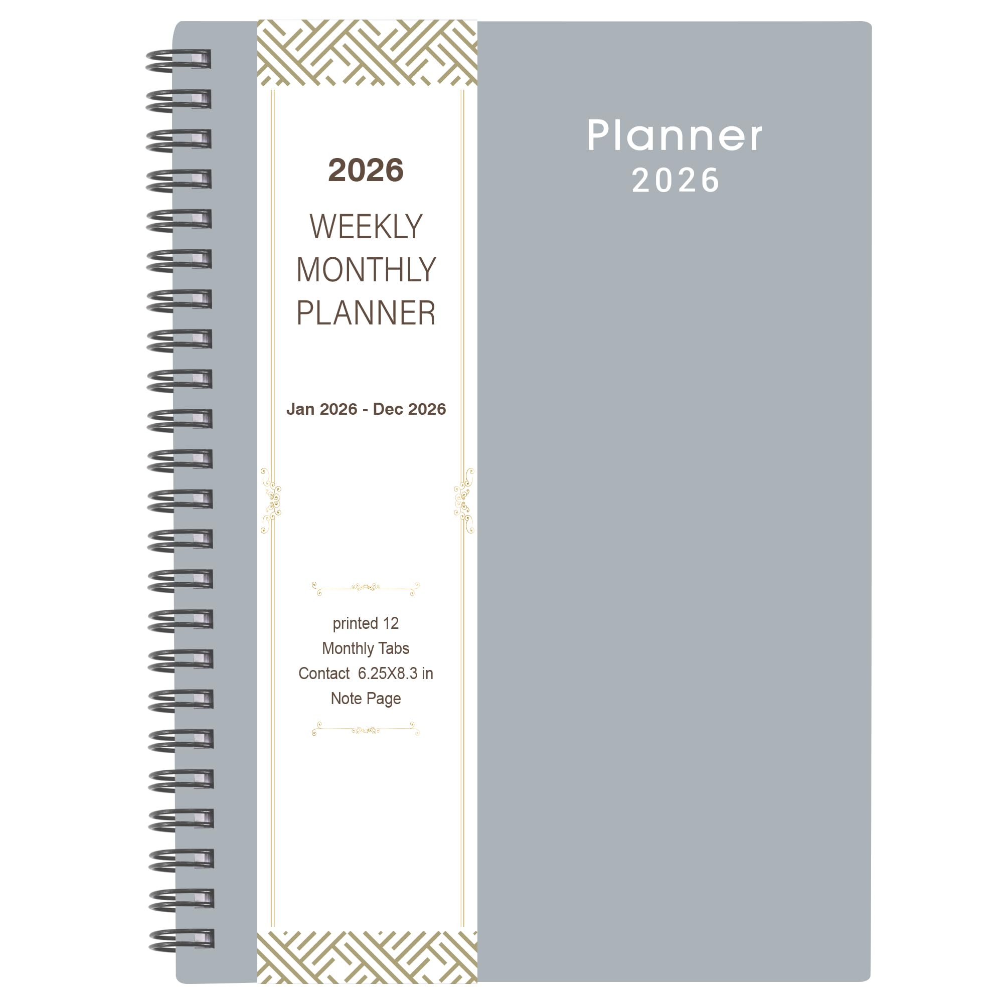 2026 Planner - Planner 2026 with Weekly & Monthly Spreads, Jan 2026 - Dec 2026, 6.25" × 8.3", Strong Twin-Wire Binding, Round Corner, Flexible Cover, Monthly Tabs - Grey